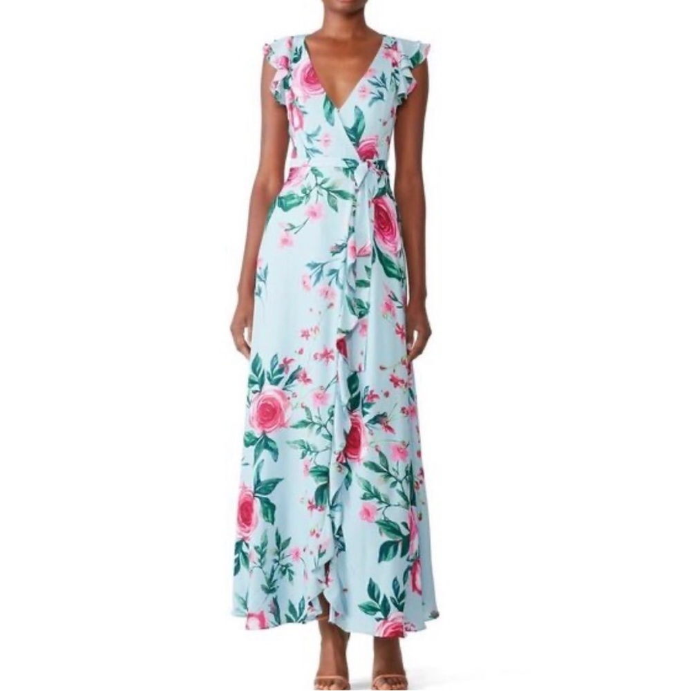 Fame and Partners Nora Wrap Maxi Dress Blue Floral Flutter Sleeve Size 2